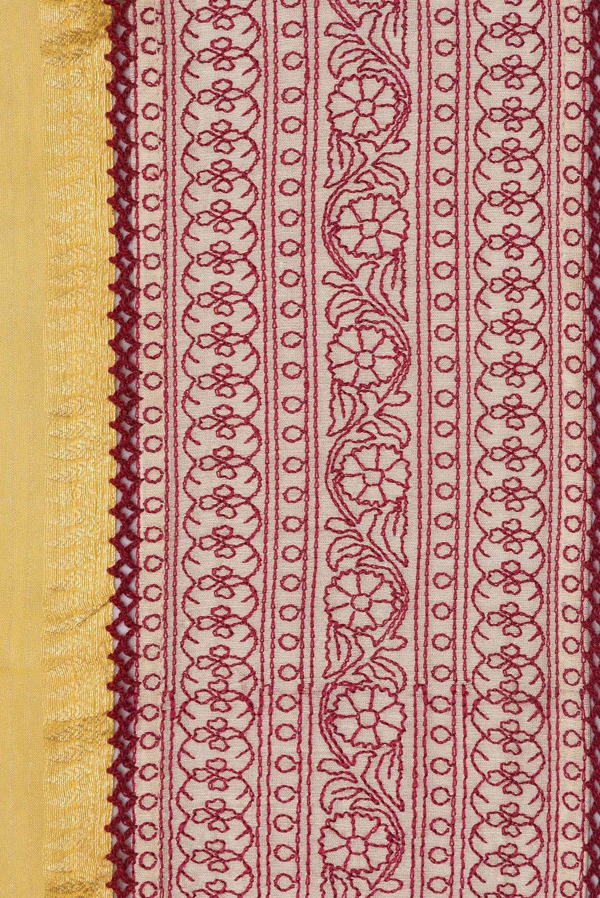 Border image of Pure Silk Yellow Dual Tone Tussar Saree with Stripes on the body and Embroidery Border. 