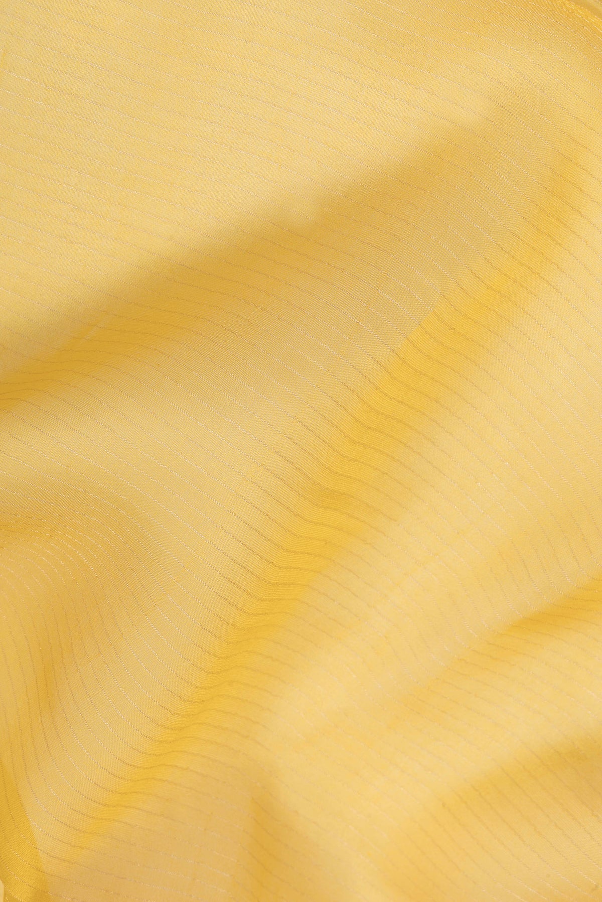 Close up of Pure Silk Yellow Dual Tone Tussar Saree with Stripes on the body and Embroidery Border.  displaying folds