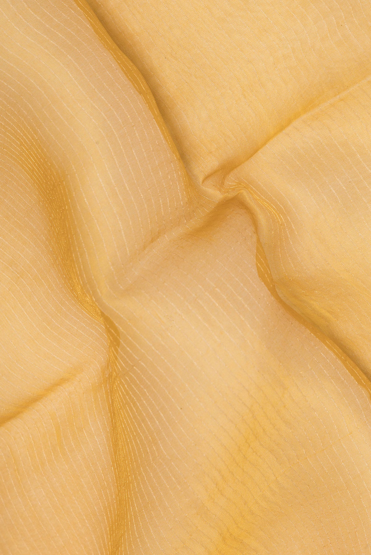 Close up of Yellow Tussar Saree with Stripes on the body and Embroidery Border.  displaying folds
