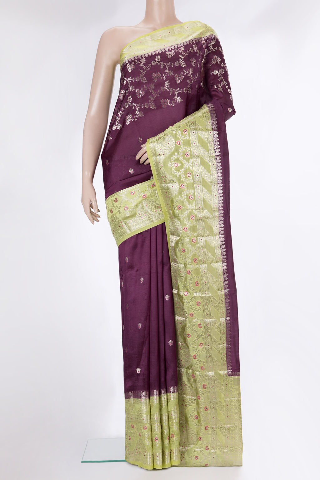 Pure Silk Burgundy Dual Tone Tussar Saree with Zari Butta on the body and Fancy Border.  displayed on a mannequin