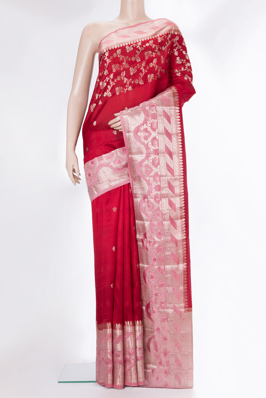 Pure Silk Red Dual Tone Tussar Saree with Zari Butta on the body and Fancy Border.  displayed on a mannequin
