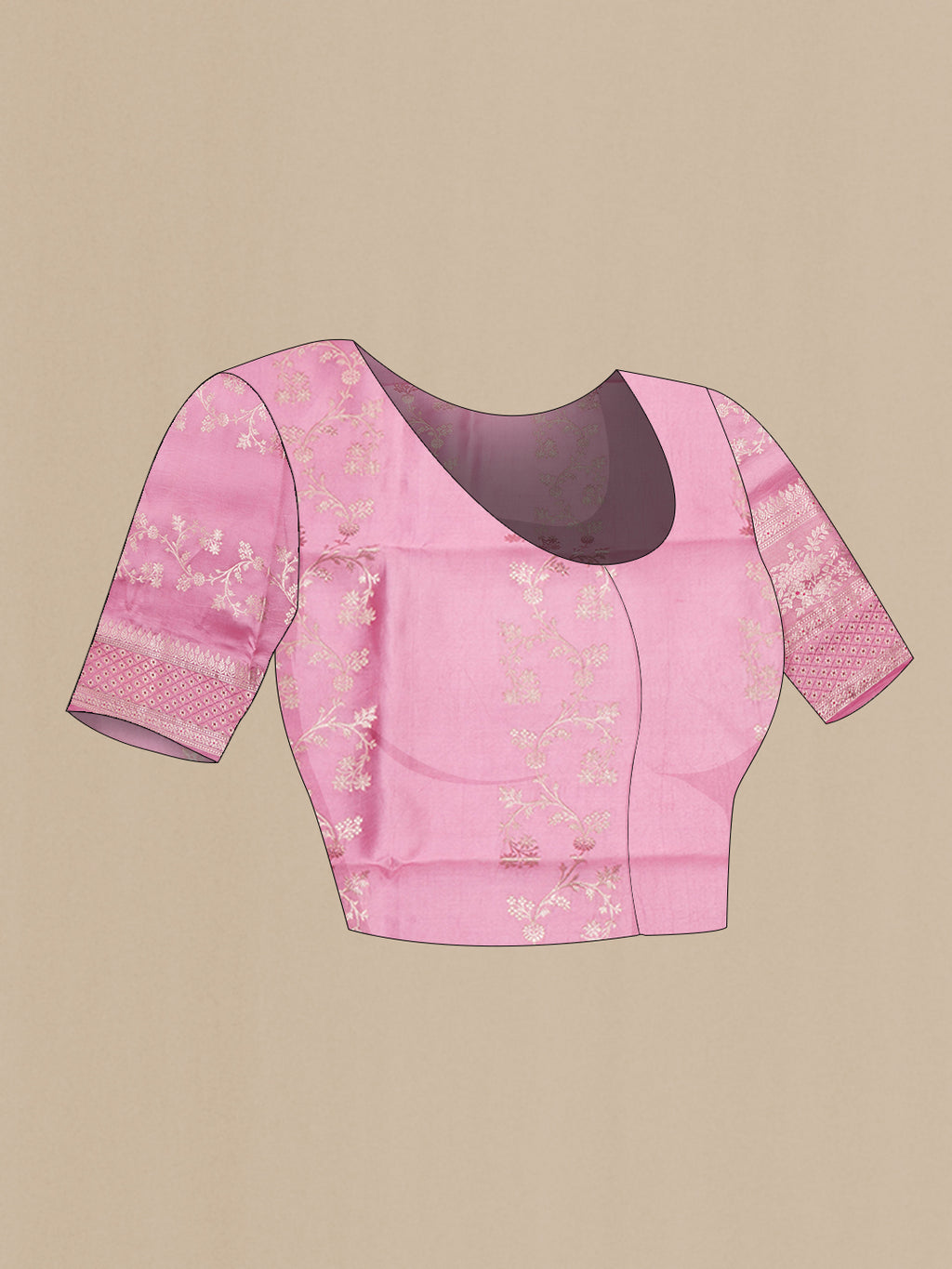 Close up image of the blouse of Pure Silk Dark Pink Dual Tone Tussar Saree with Zari Butta on the body and Fancy Border. 