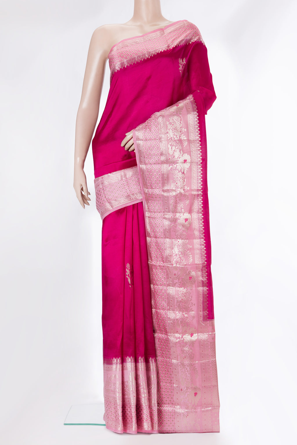 Pure Silk Dark Pink Dual Tone Tussar Saree with Zari Butta on the body and Fancy Border.  displayed on a mannequin