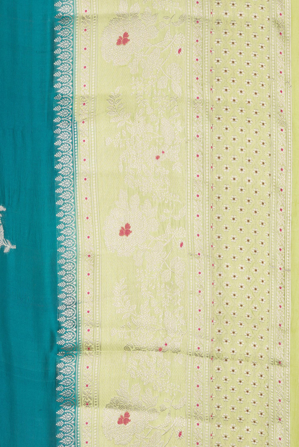 Border image of Pure Silk Peacock Blue Dual Tone Tussar Saree with Zari Butta on the body and Fancy Border. 