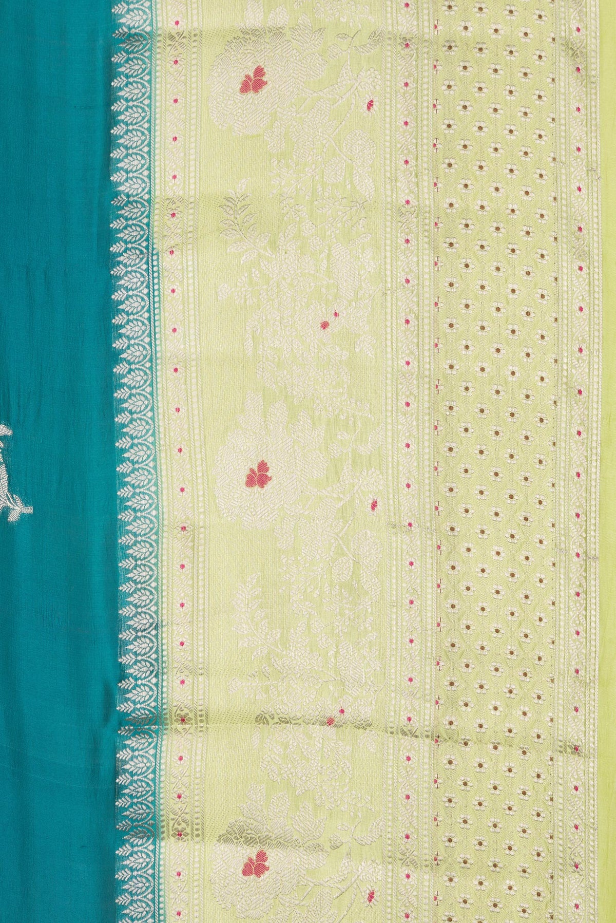 Border image of Pure Silk Peacock Blue Dual Tone Tussar Saree with Zari Butta on the body and Fancy Border. 