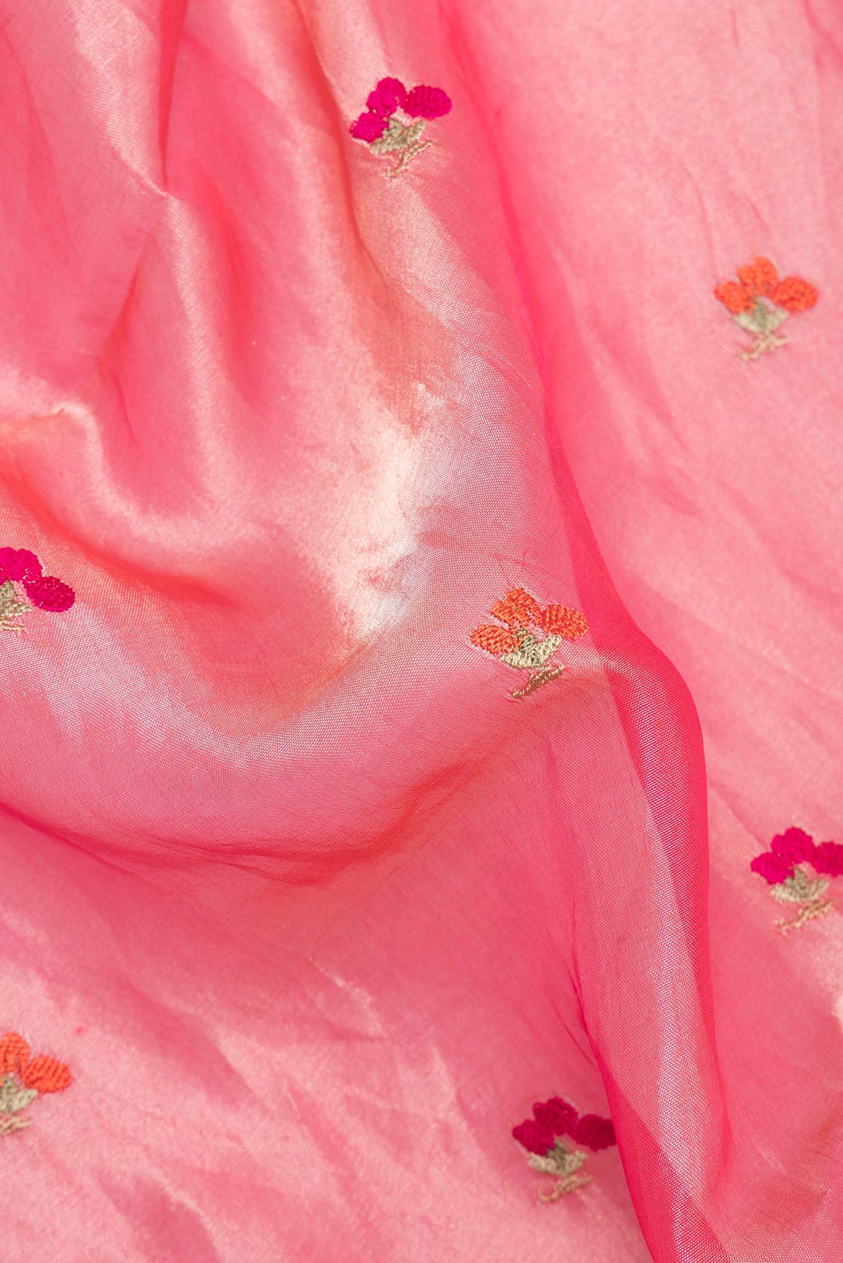 Close up of Coral Organza Saree with Embroidered on the body and Embroidered Border.  displaying folds