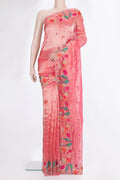 Coral Organza Saree with Embroidered on the body and Embroidered Border.  displayed on a mannequin