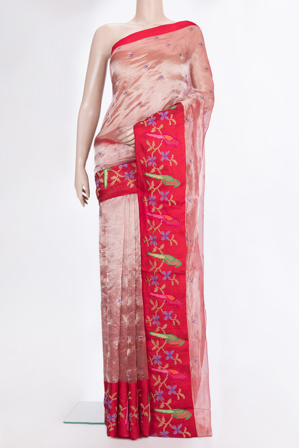 Rose Gold Organza Saree with Embroidered on the body and Fancy Border.  displayed on a mannequin
