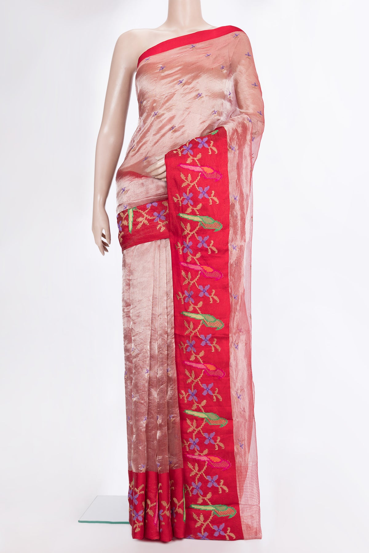 Rose Gold Organza Saree with Embroidered on the body and Fancy Border.  displayed on a mannequin