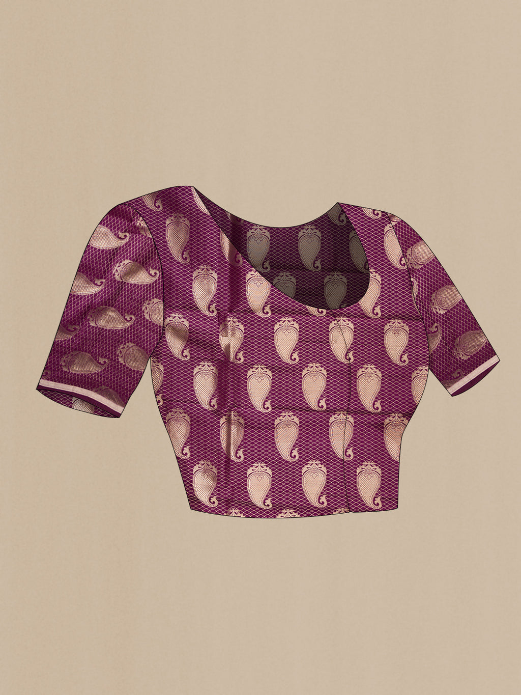 Close up image of the blouse of Pure Silk Burgundy Banarasi Saree with Zari Butta on the body and Zari Border. 