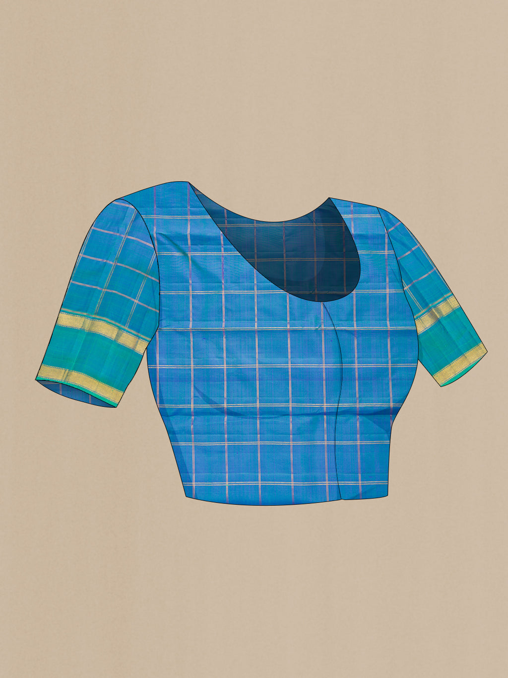 Close up image of the blouse of Pure Silk Dark Blue Kanjivaram Saree with Checked design on the body and Zari Border. 
