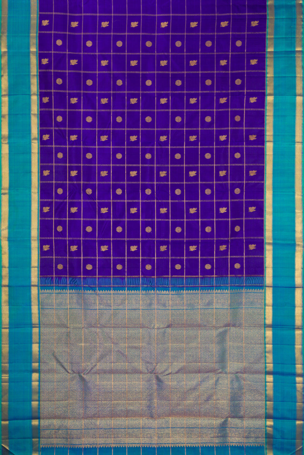 Flat view of Pure Silk Dark Blue Kanjivaram Saree with Checked design on the body and Zari Border. 