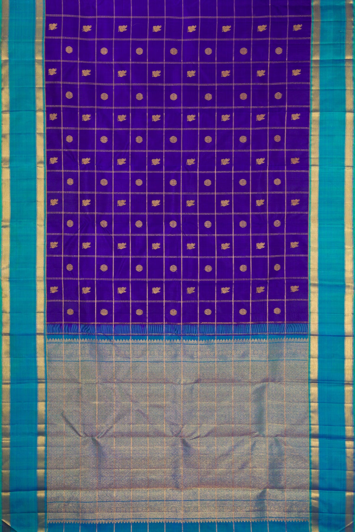 Flat view of Pure Silk Dark Blue Kanjivaram Saree with Checked design on the body and Zari Border. 