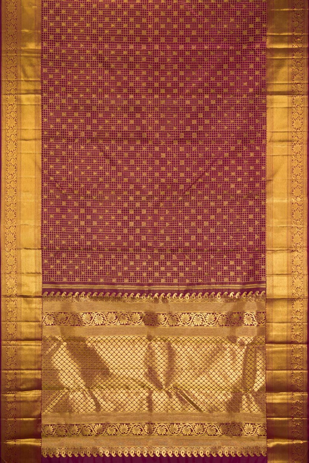 Flat view of Pure Silk Maroon Dual Tone Kanchipuram Saree with Zari Brocade on the body and Zari Border. 