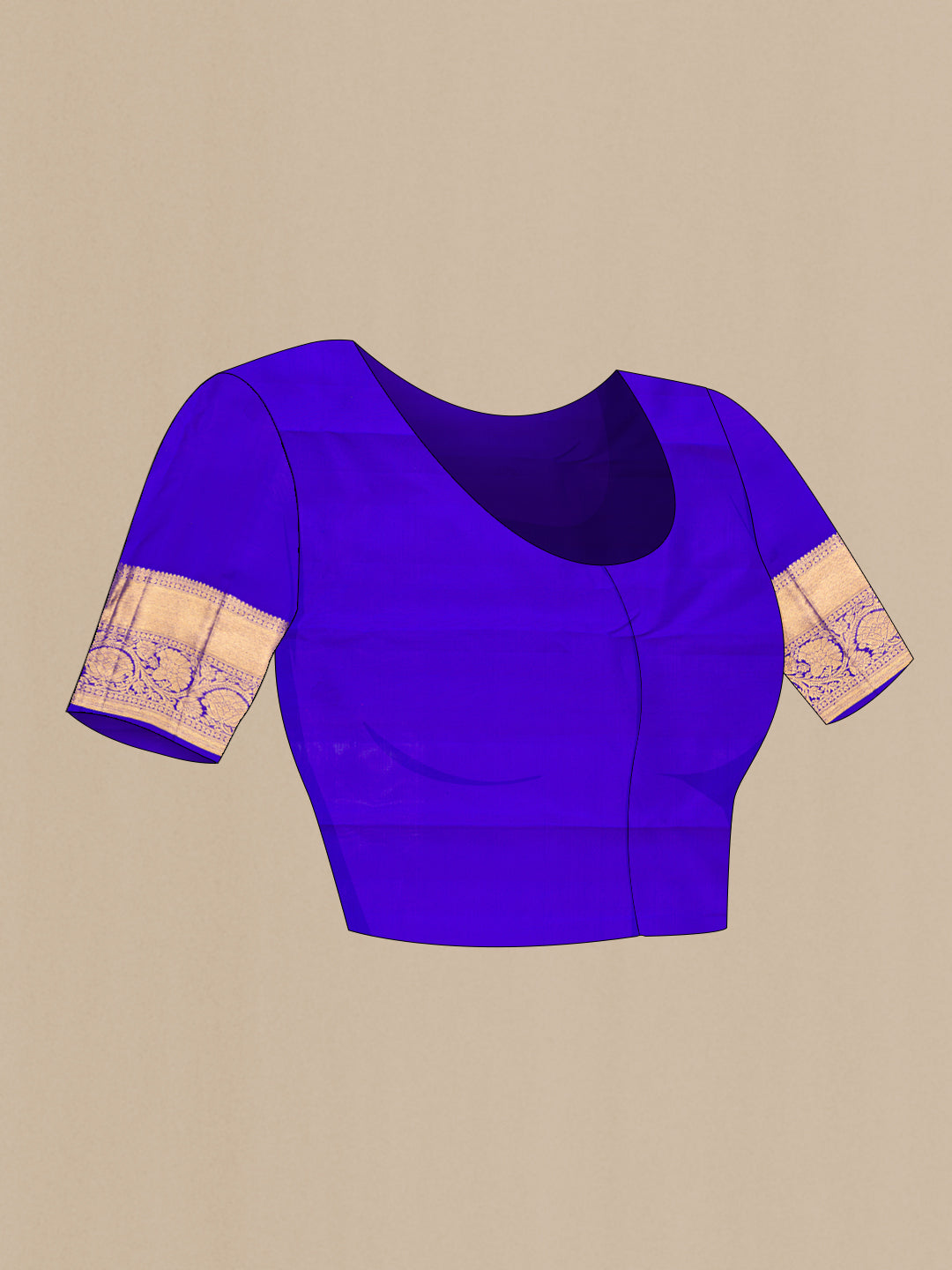 Close up image of the blouse of Pure Silk Royal Blue Dual Tone Kanchipuram Saree with Zari Brocade on the body and Zari Border. 
