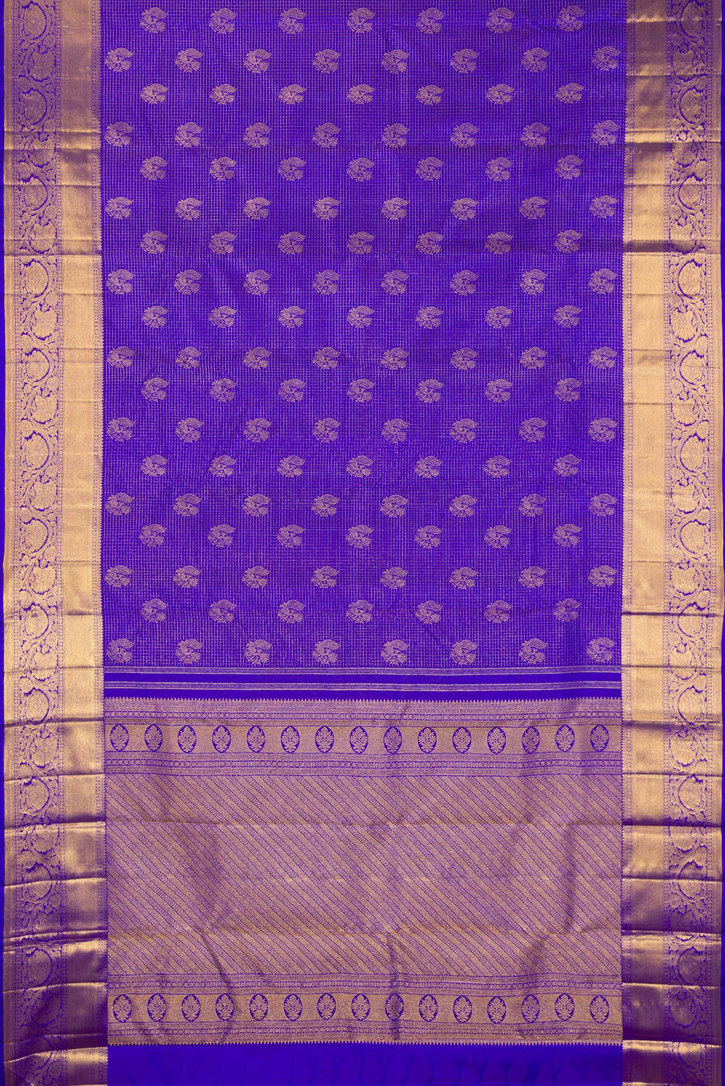 Flat view of Pure Silk Royal Blue Dual Tone Kanchipuram Saree with Zari Brocade on the body and Zari Border. 