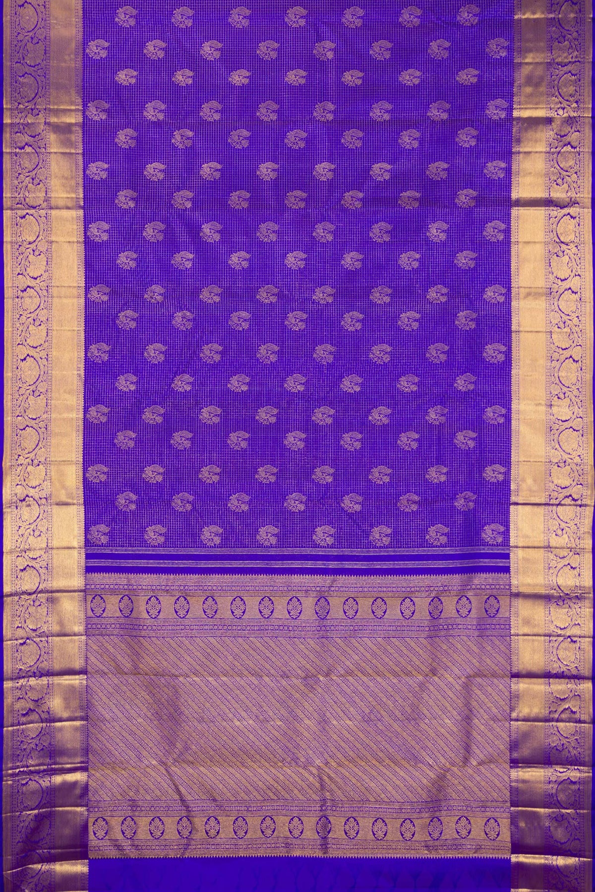 Flat view of Pure Silk Royal Blue Dual Tone Kanchipuram Saree with Zari Brocade on the body and Zari Border. 