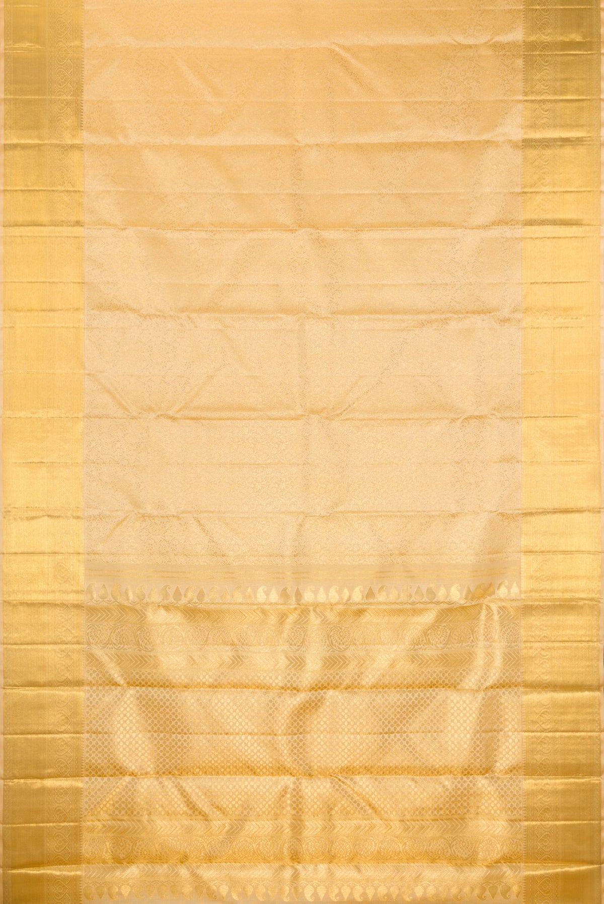 Flat view of Pure Silk Sandal Kanchipuram Saree with Zari Brocade on the body and Zari Border. 