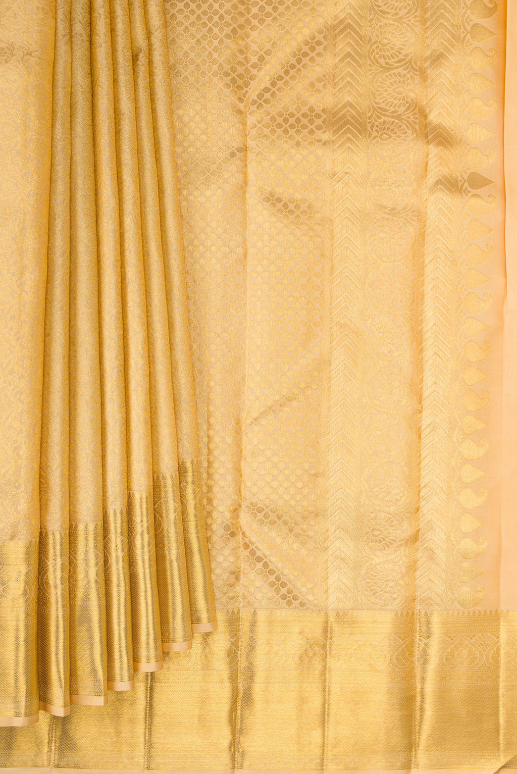 Pleats and pallu of Pure Silk Sandal Kanchipuram Saree with Zari Brocade on the body and Zari Border. 