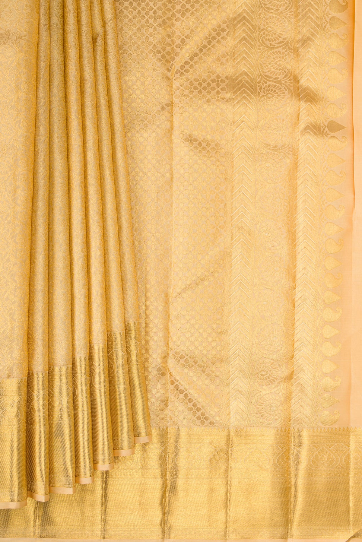 Pleats and pallu of Pure Silk Sandal Kanchipuram Saree with Zari Brocade on the body and Zari Border. 