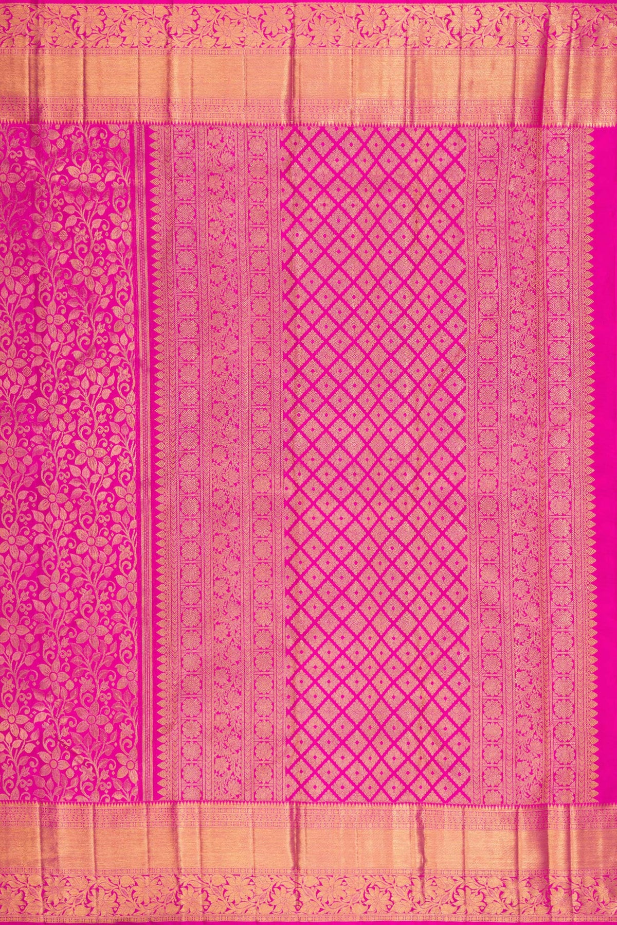 Close up image of the pallu of Pure Silk Pink Kanchipuram Saree with Zari Brocade on the body and Zari Border. 