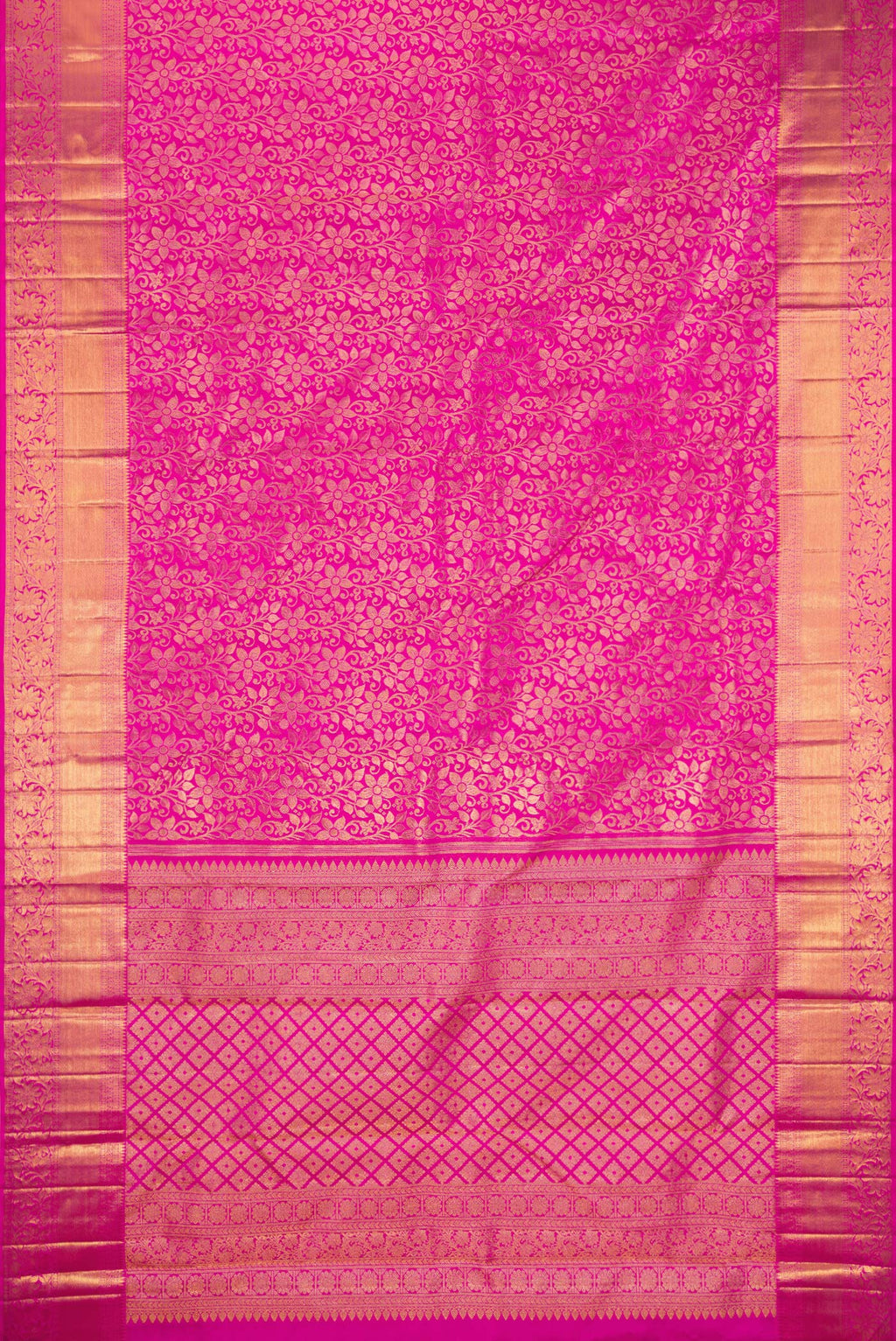 Flat view of Pure Silk Pink Kanchipuram Saree with Zari Brocade on the body and Zari Border. 
