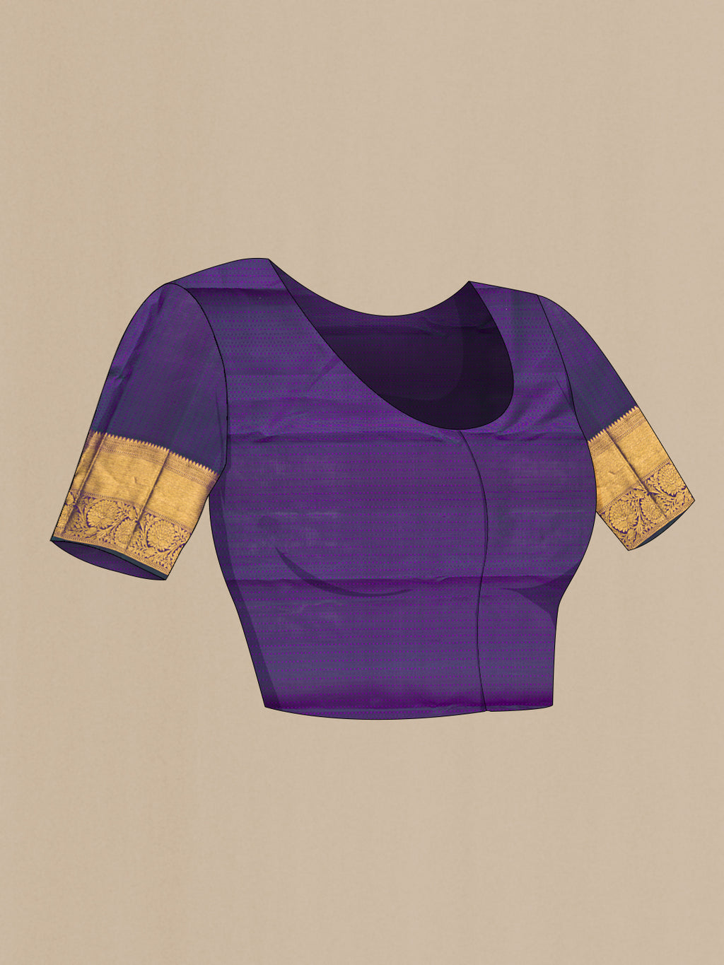 Close up image of the blouse of Pure Silk Green with Violet Color Kanchipuram Saree with Zari Brocade on the body and Zari Border. 