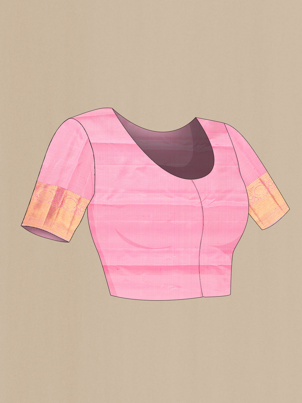 Close up image of the blouse of Pure Silk Pink Dual Tone Kanchipuram Saree with Zari Brocade on the body and Zari Border. 