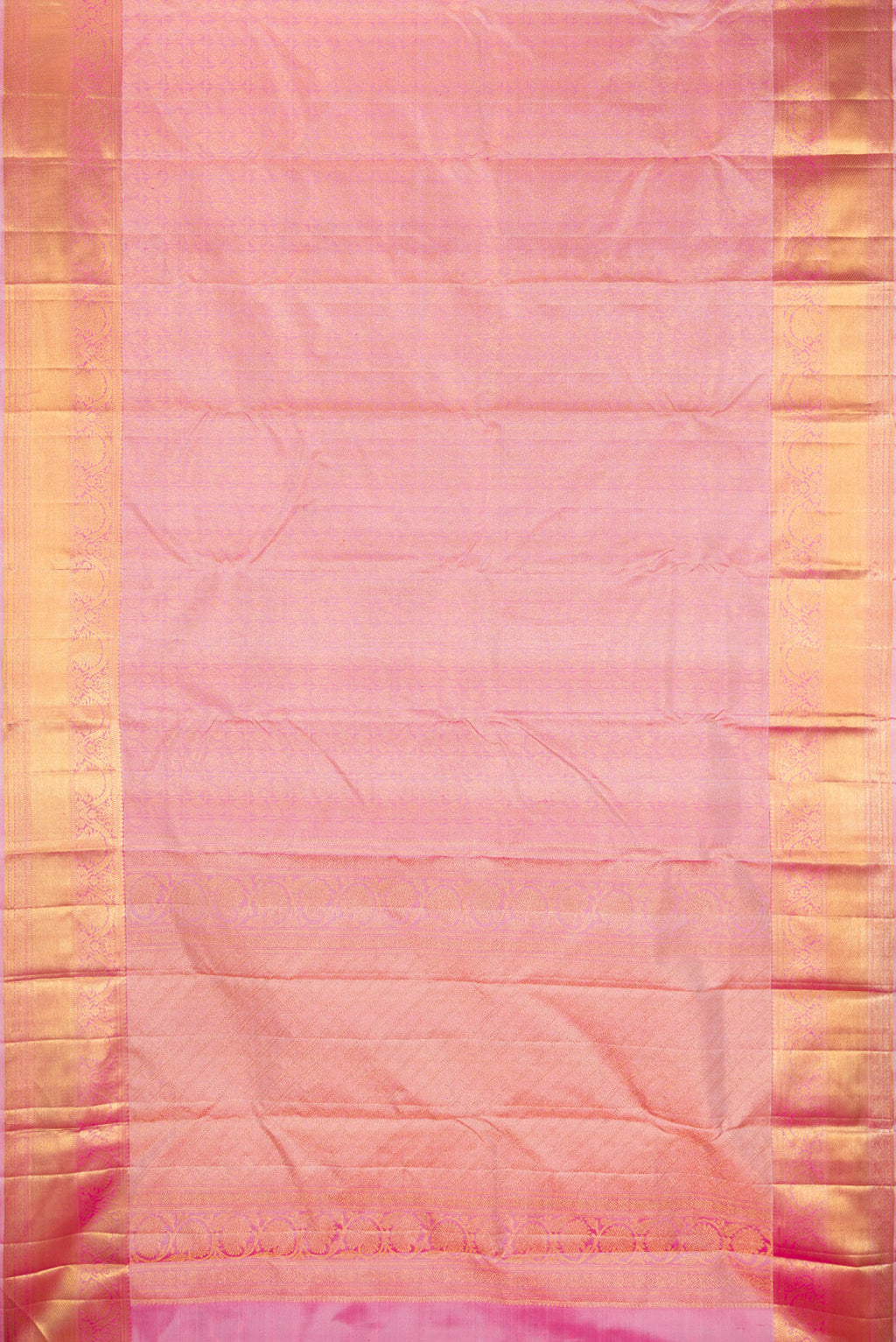 Flat view of Pure Silk Pink Dual Tone Kanchipuram Saree with Zari Brocade on the body and Zari Border. 