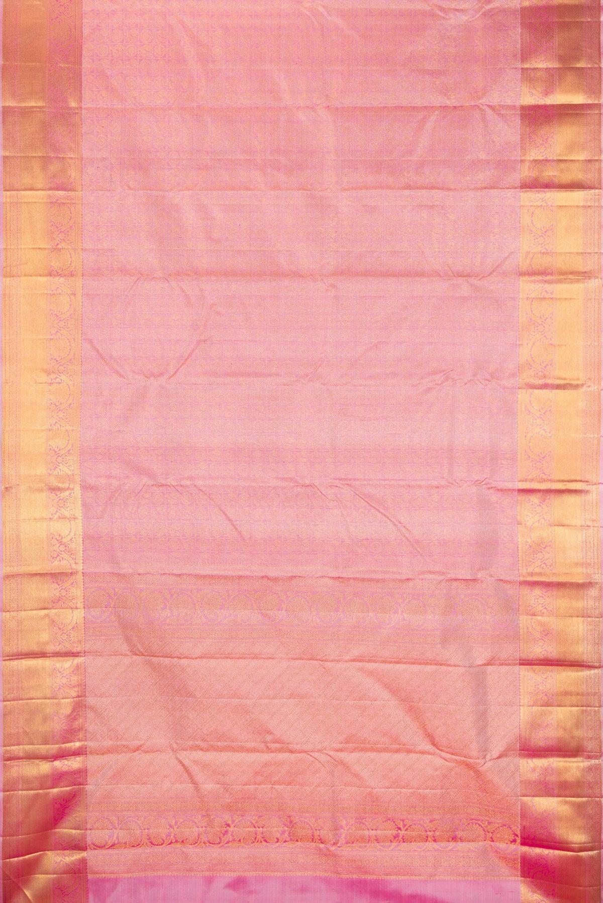 Flat view of Pure Silk Pink Dual Tone Kanchipuram Saree with Zari Brocade on the body and Zari Border. 