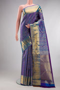 Pure Silk Royal Blue Dual Tone Kanchipuram Saree with Zari Brocade on the body and Zari Border.  displayed on a mannequin