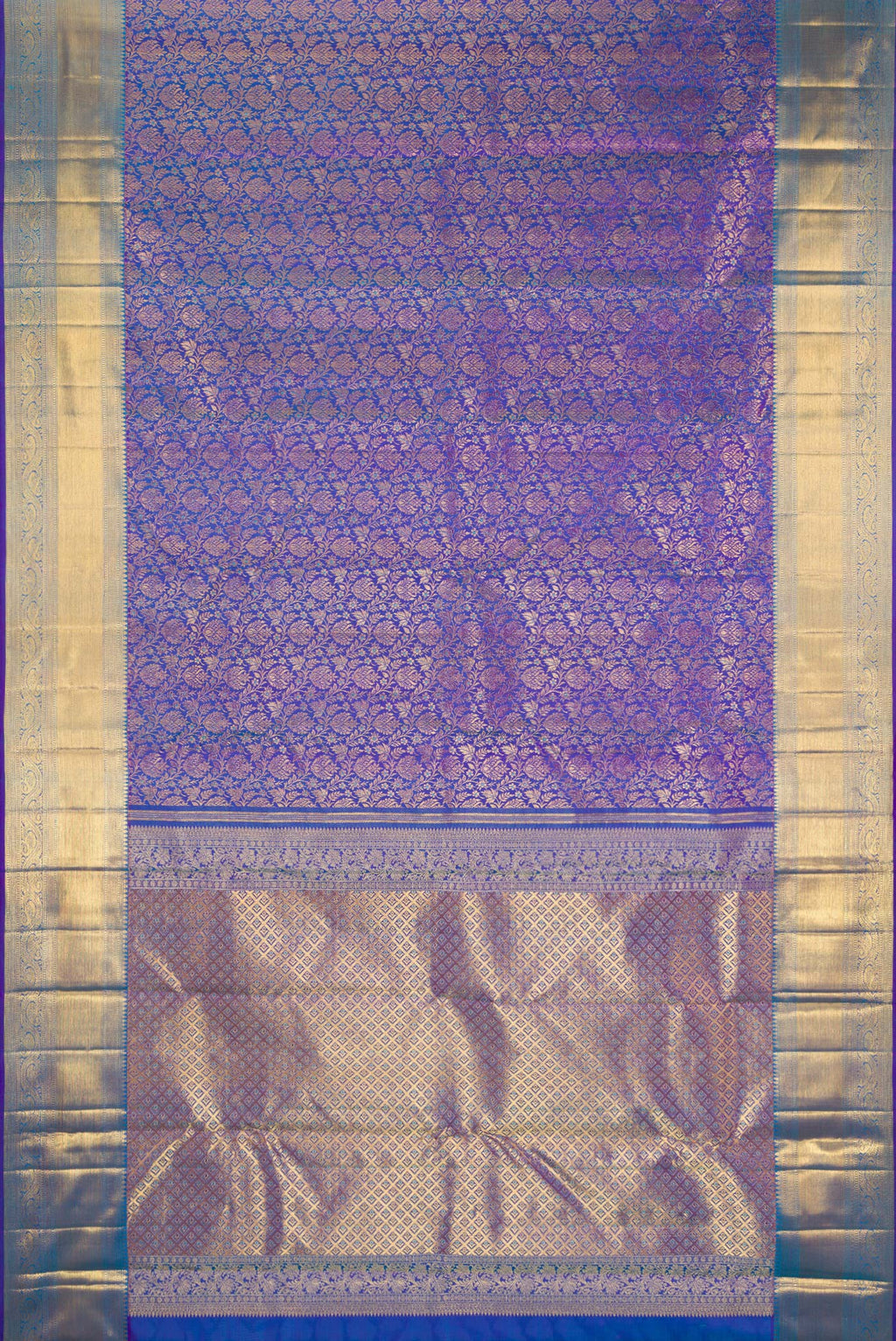 Flat view of Pure Silk Royal Blue Dual Tone Kanchipuram Saree with Zari Brocade on the body and Zari Border. 