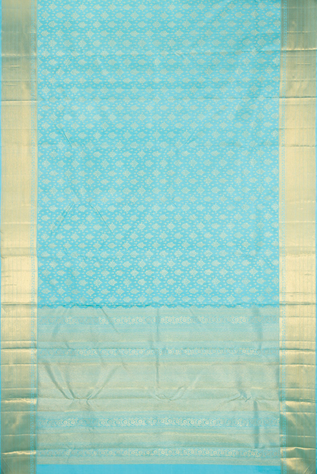 Flat view of Pure Silk Sky Blue Dual Tone Kanchipuram Saree with Zari Brocade on the body and Zari Border. 