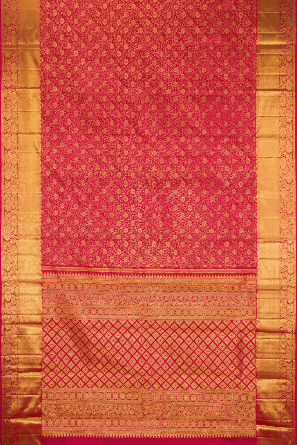 Flat view of Pure Silk Red Kanchipuram Saree with Zari Brocade on the body and Zari Border. 