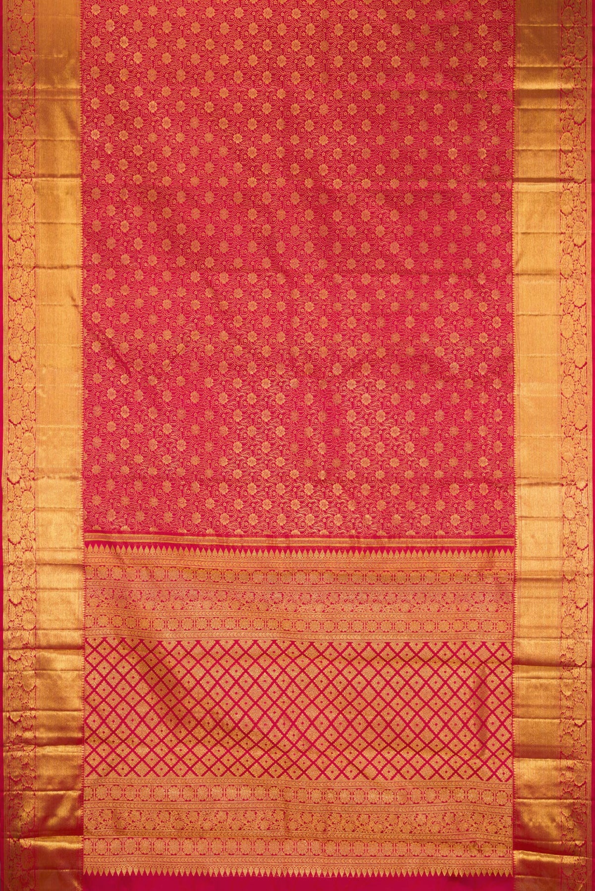 Flat view of Pure Silk Red Kanchipuram Saree with Zari Brocade on the body and Zari Border. 