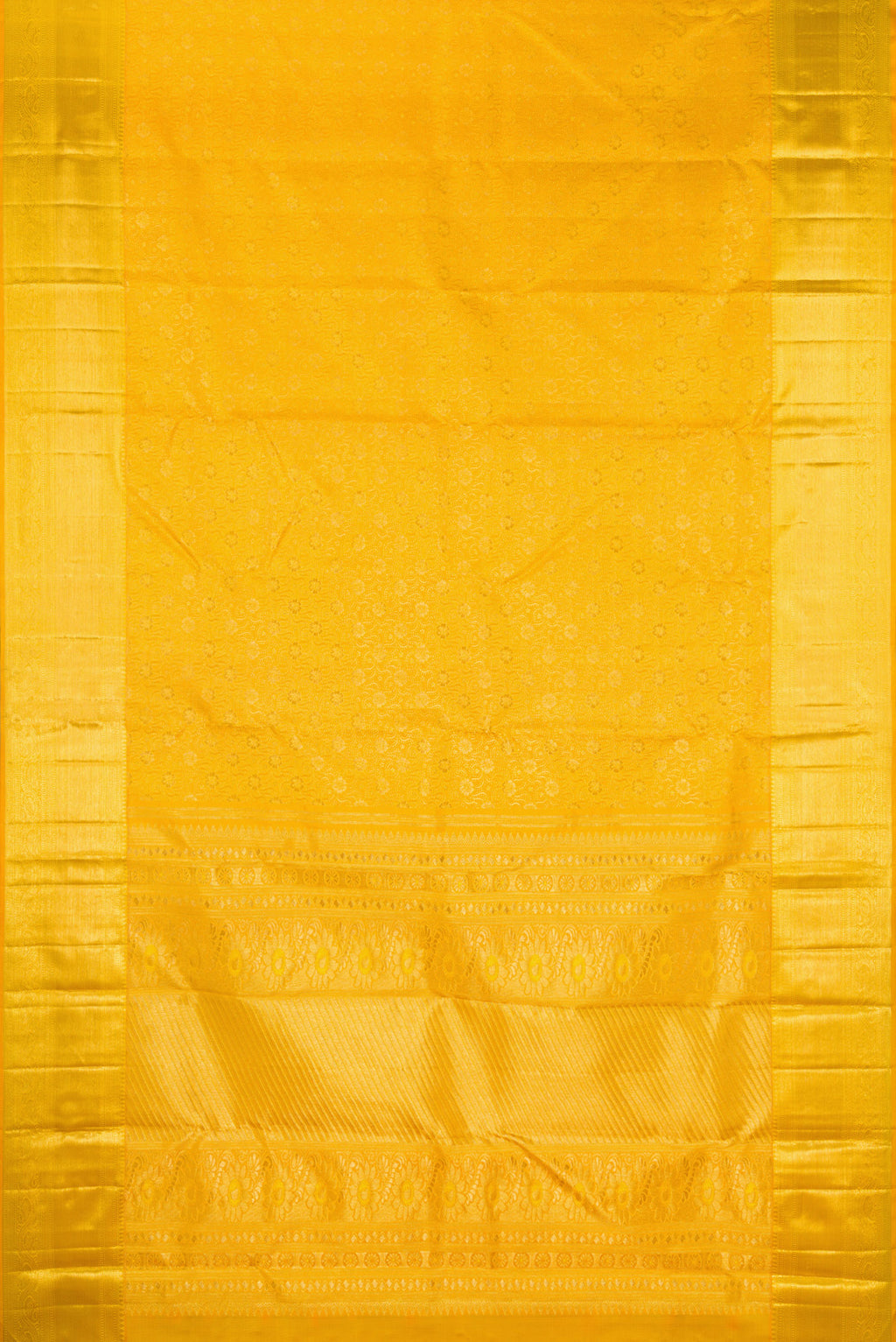 Flat view of Pure Silk Mustard Kanchipuram Saree with Zari Brocade on the body and Zari Border. 