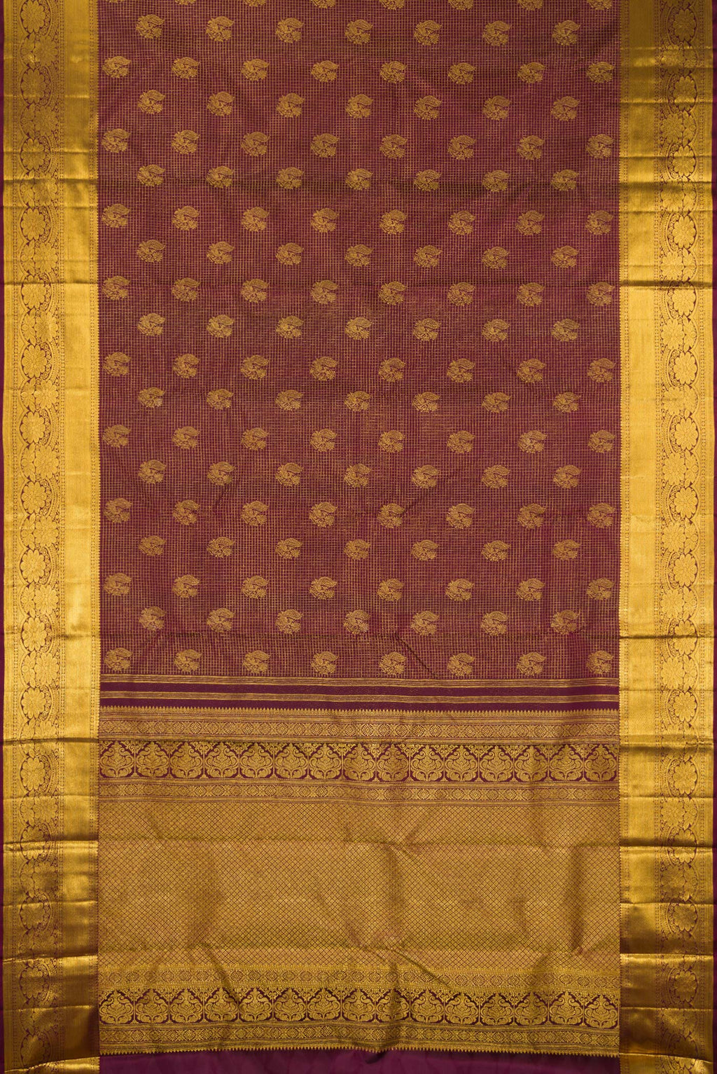 Flat view of Pure Silk Brown Kanchipuram Saree with Zari Brocade on the body and Zari Border. 