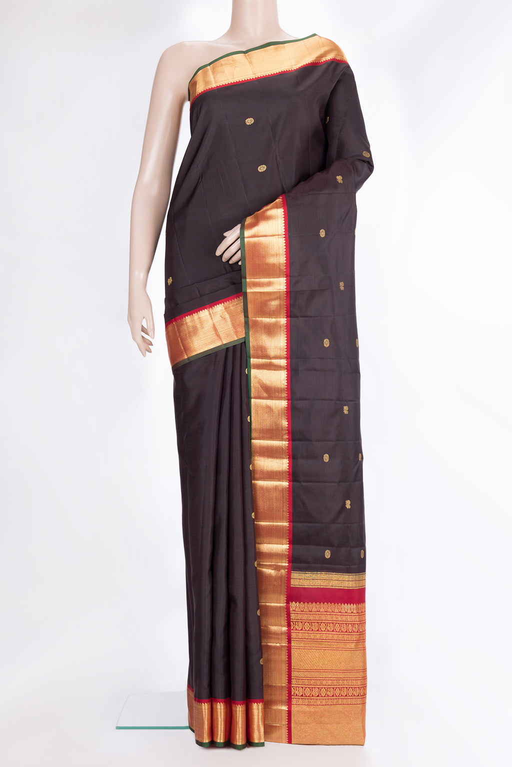 Pure Silk Coffee Brown Dual Tone Kanjivaram Saree with Zari Butta on the body and Zari Border.  displayed on a mannequin