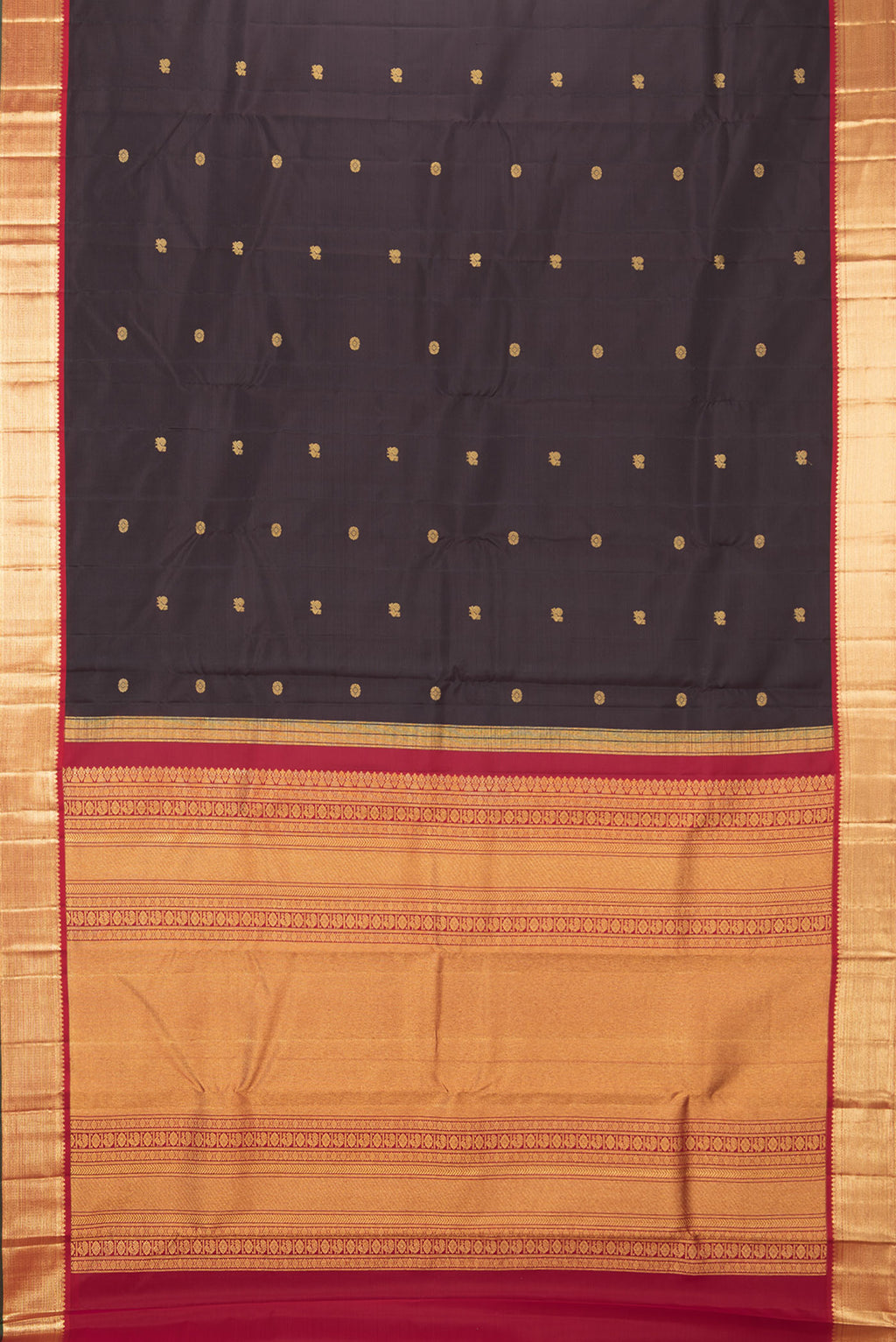 Flat view of Pure Silk Coffee Brown Dual Tone Kanjivaram Saree with Zari Butta on the body and Zari Border. 