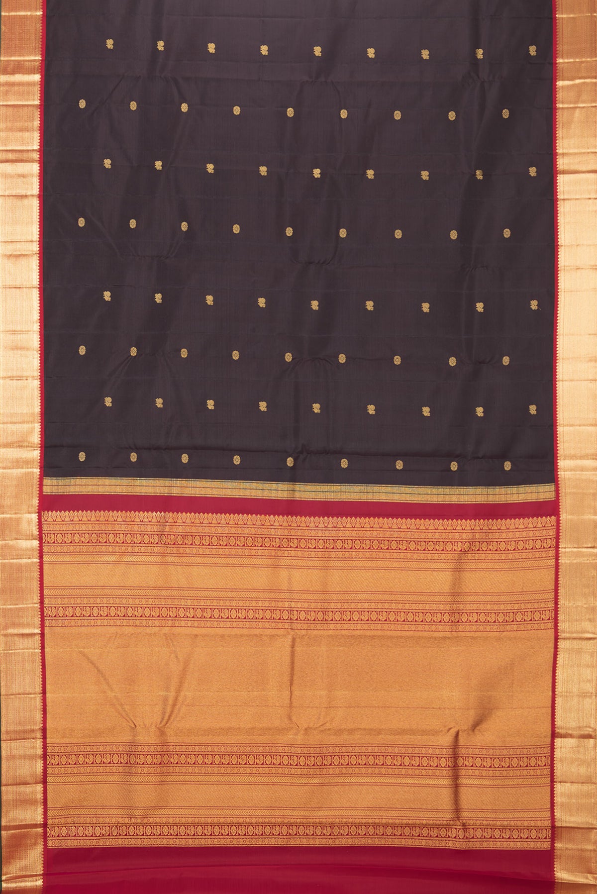 Flat view of Pure Silk Coffee Brown Dual Tone Kanjivaram Saree with Zari Butta on the body and Zari Border. 