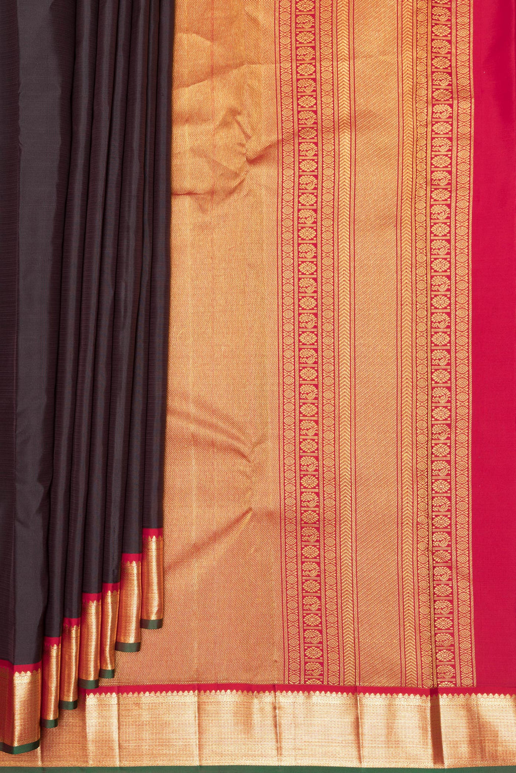 Pleats and pallu of Pure Silk Coffee Brown Dual Tone Kanjivaram Saree with Zari Butta on the body and Zari Border. 