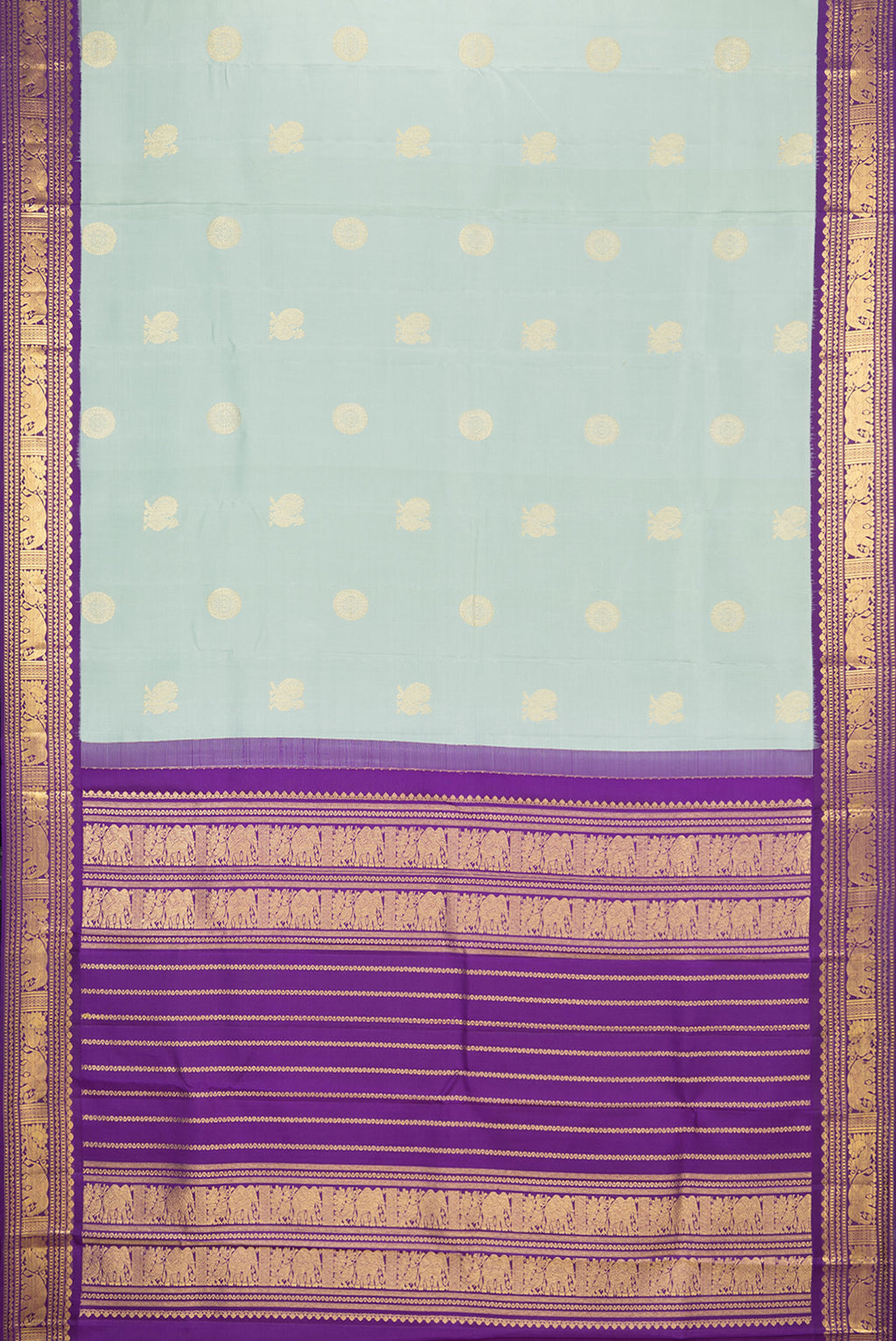 Flat view of Pure Silk Sea Green Kanchipuram Saree with Zari Butta on the body and Zari Border. 
