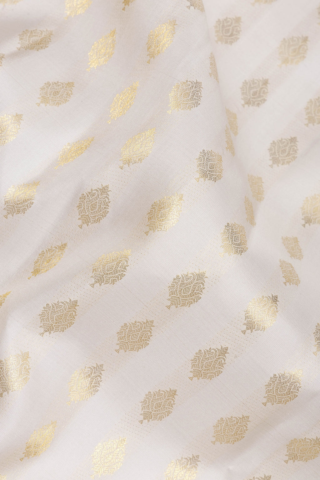 Close up of Pure Silk White Kanchipuram Saree with Zari Butta on the body and Zari Border.  displaying folds