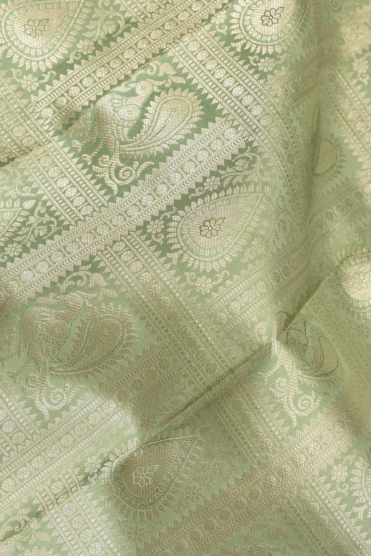 Close up of Pure Silk Mehandi Green Dual Tone Kanchipuram Saree with Zari Brocade on the body and Zari Border.  displaying folds