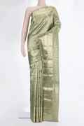 Pure Silk Mehandi Green Dual Tone Kanchipuram Saree with Zari Brocade on the body and Zari Border.  displayed on a mannequin