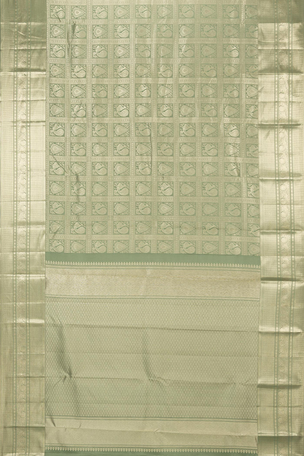 Flat view of Pure Silk Mehandi Green Dual Tone Kanchipuram Saree with Zari Brocade on the body and Zari Border. 