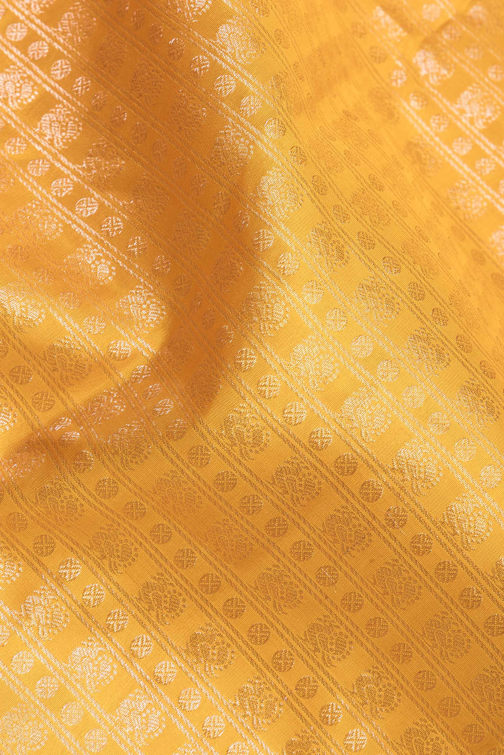 Close up of Pure Silk Mustard Dual Tone Kanchipuram Saree with Zari Brocade on the body and Zari Border.  displaying folds