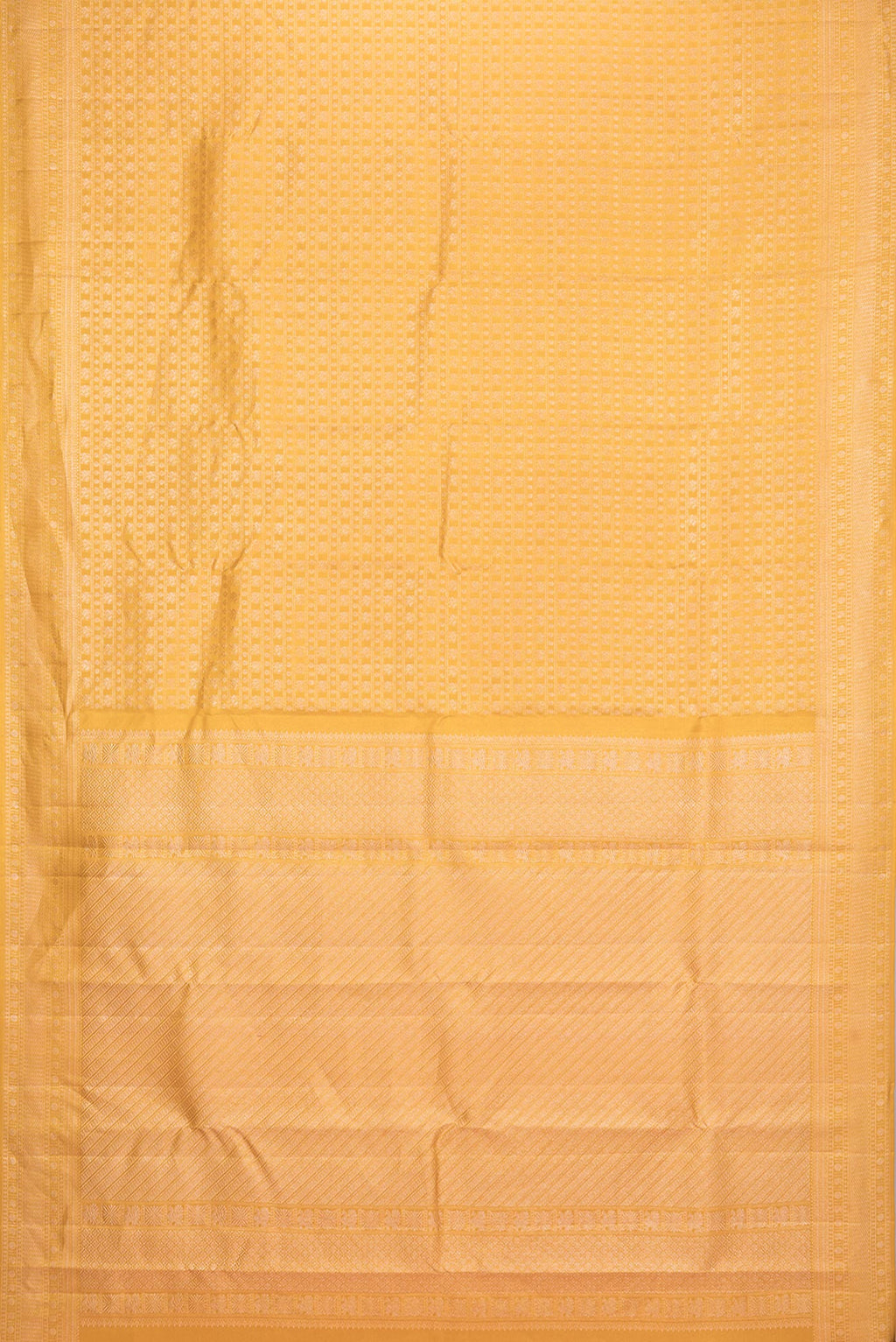 Flat view of Pure Silk Mustard Dual Tone Kanchipuram Saree with Zari Brocade on the body and Zari Border. 