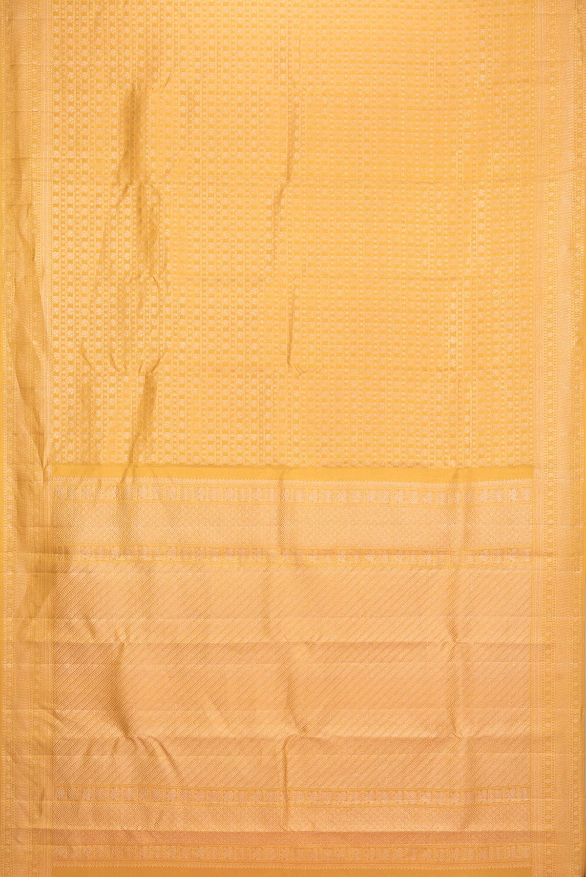 Flat view of Pure Silk Mustard Dual Tone Kanchipuram Saree with Zari Brocade on the body and Zari Border. 