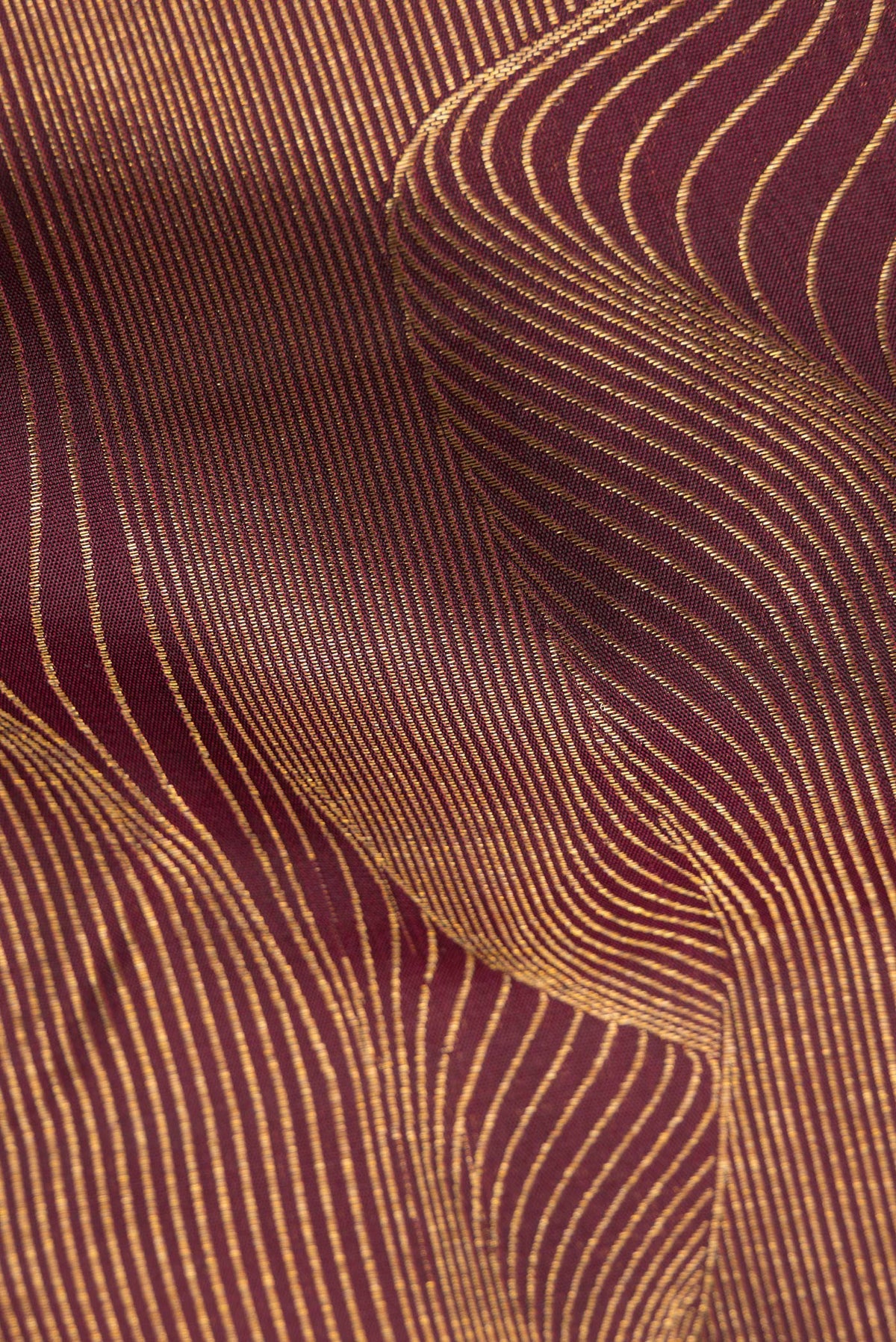 Close up of Pure Silk Coffee Brown Kanchipuram Saree with Zari Brocade on the body and Fancy Border.  displaying folds